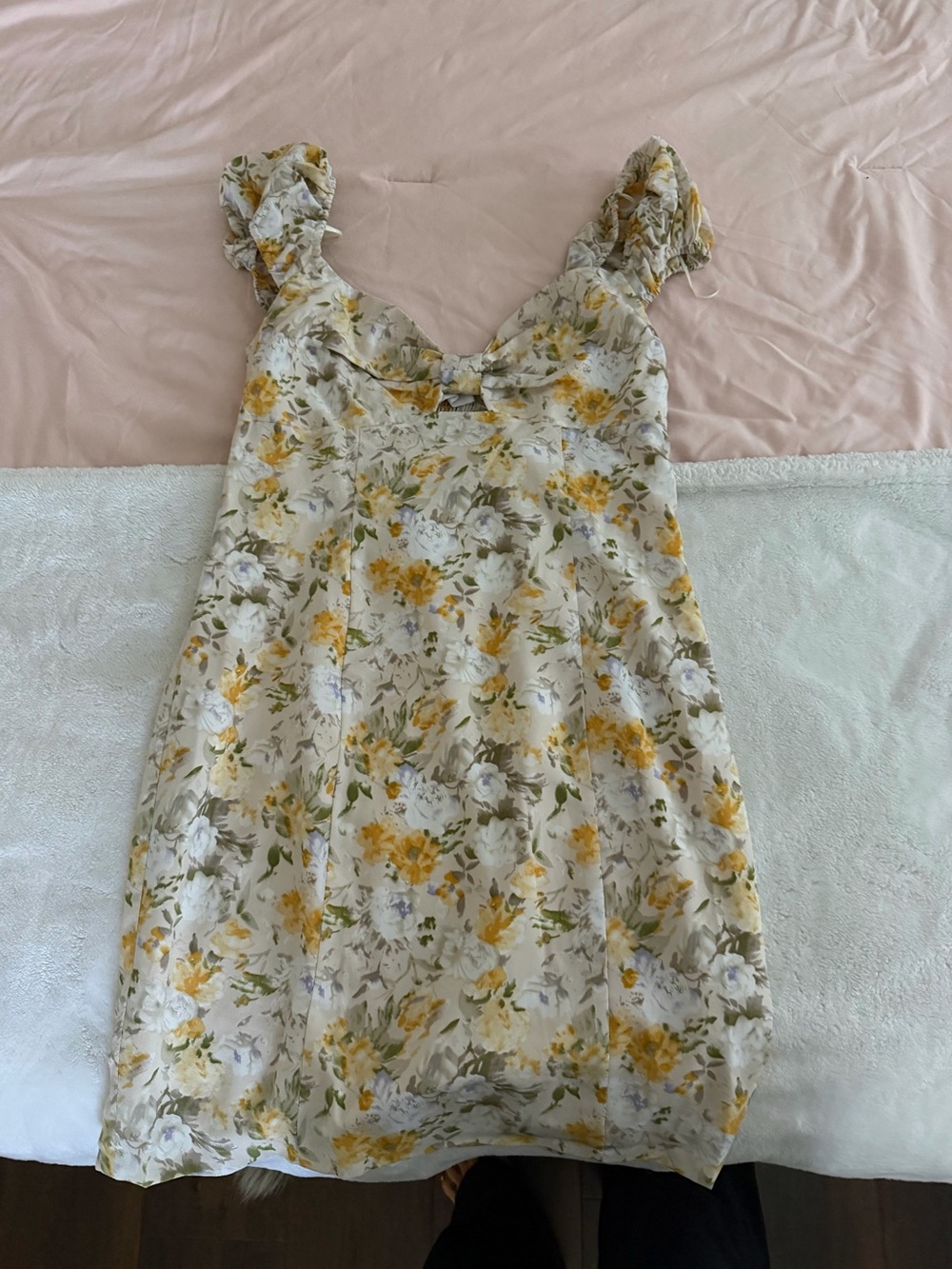 Floral Ruffle Strap Dress in Yellow and Cream